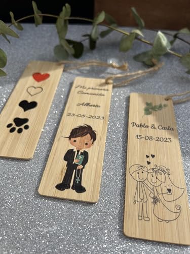 Uvimark | Pack de 20 Puntos de Libro Bambú Personalizados | Marcapáginas de Bambú | Detalles de Boda, Comunión, Bautizo | Regalos Originales