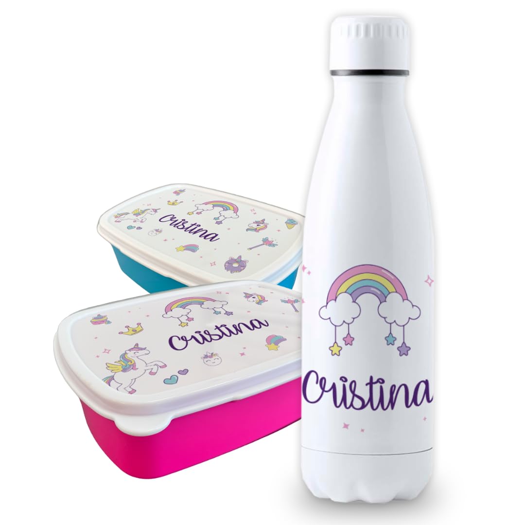 Pack vuelta al cole diseño unicornios botella personalizada + fiambrera personalizada con texto para el colegio o guardería. Libre BPA y reutilizable | Bebidas frías y calientes hasta 12h