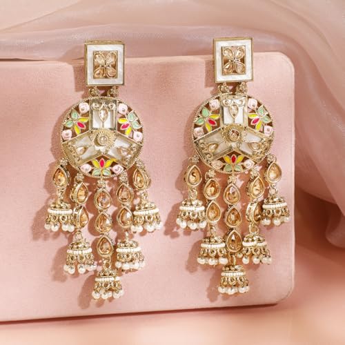 Image of Rubans Long Dangler Earrings Kundan & Pearl Ethnic Jewellery Gift for Women & Girls