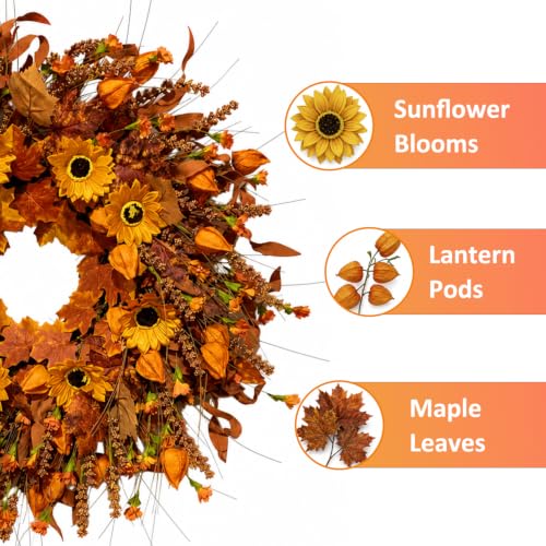 24 Inch Fall Wreath for Front Door, Artificial Autumn Harvest Door Wreath - image 4