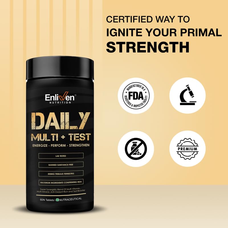 Enliven Nutrition Daily Multi+Testing - Multivitamin for men with tribulus extracts (60 tablets). With vitamins, minerals and antioxidants. Daily Energy and Welfare Support Enliven Nutrition Daily Multi+Testing - Multivitamin for men with tribulus extracts (60 tablets). With vitamins, minerals and antioxidants. Daily Energy and Welfare Support