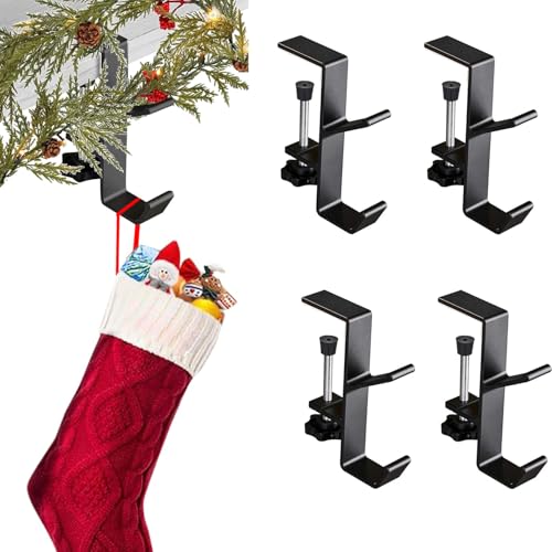 AZHAIBUQI 4 Pack Christmas Fireplace Stocking and Garland Hanger,Mantle Garland Holder for Hanging Christmas Stockings,Adjustable Garland and Stocking Holder,Black