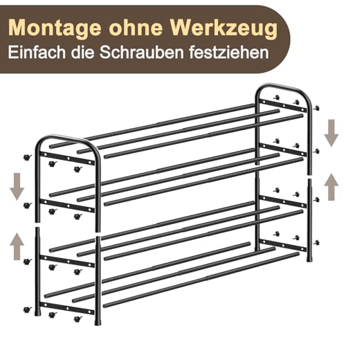 MIKVOYO Schuhregal groß schmal ausziehbar 4 Ebenen, Schuhschrank hoch schwarz Metall, Breite 43-78 cm, für Kleiderschränke, enge Räume, Flure, Eingangsbereiche, Schlafzimmer