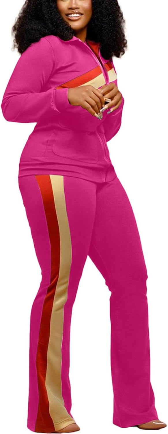 2 Piece Outfits for Women Long Sleeve Striped Zipup Jacket Wide Leg Long Pant Retro Tracksuit Sport Set Wine Red
