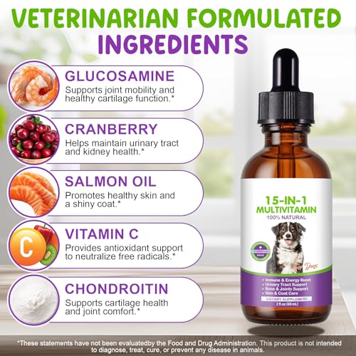 15 in 1 Multivitamintropfen für Hunde, 60 ml tägliche Vitamine für Hunde, hilft bei Hüfte und Gelenken, Immunsystem, Haut, Fell und Darmgesundheit