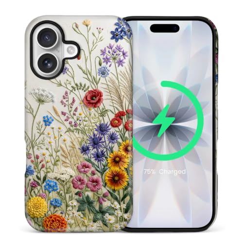 Coque double couche iPhone 16 MagSafe mate avec motif imprimé effet broderie