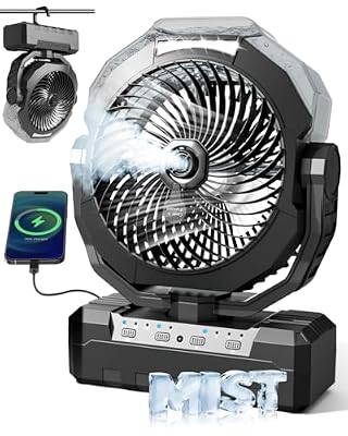 AVAVO Portable Misting Fan, 36000mAh Rechargeable Battery Powered Camping Fan with 460ml Tank & 6.6ft Mist, 4 Speeds 2 Light Modes for Outdoor Patios Travel Jobsite Beach Summer Essentials - Black