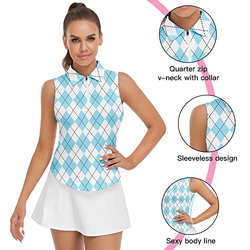 Women's Argyle Golf Shirt Plaid Polo Shirts Moisture Wicking Sleeveless Shirt Golf Clothes (Blue Argyle,Medium) #TOP1