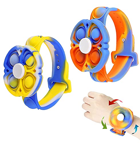 OUSHIBU 2 Packs Pop Spinner Watch, Rotating Push Bubbles Fidget Sensory Toy for Kids and Adults, Autism Special Needs Stress Relief Hand Finger Press Dimple Silicone Adjustable Bracelets (Rainbow)