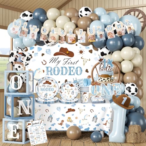 cocomigo 295Pcs My First Rodeo Birthday Decorations Boy Set-Serves 25 Guests- Complete Cowboy Western Theme with Backdrop Balloon Arch Tableware High Chair Banner for Boys One Year Old Party