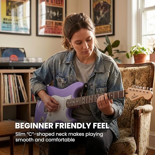 Image of Fender Squier Sonic Stratocaster - Ultraviolet Bundle with Mustang Micro Headphone Amplifier, Instrument Cable, Tuner, Strap, Picks, and Austin Bazaar Instructional DVD