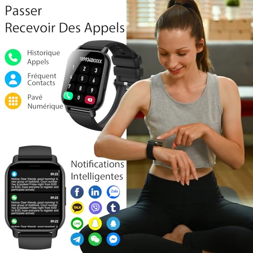 Montre Connectée Homme Femme, 1.85" HD Écran Tactile Smartwatch Avec Appels Bluetooth , 112+ Sportifs Modes Montre, Montre Sport de Surveiller Cardio, Podometre et Sommeil pour Android iOS Noir – Image 3