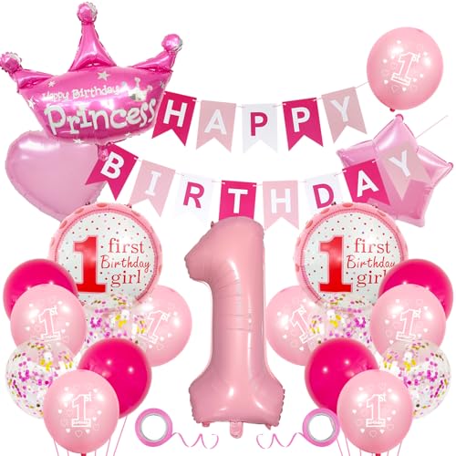1st Birthday Decorations for Girls Pink Happy Birthday Banner with Large Number 1 and Crown Foil Balloons Star & Heart Balloons Party Supplies for 1 Year Old Birthday