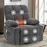 BRTHORY Recliner Chair with Massage& Heat Manual Adjustable Legrest and Backrest Extended Footrest Armchair Padded Seat with Cup Holders for Living Room Bedroom Home Cafe 360° Swivel, Rocking Function