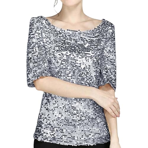 Camiseta para mujer Carnaval monocolor con perlas, manga corta, cuello redondo, camiseta de alto rendimiento, plata, S