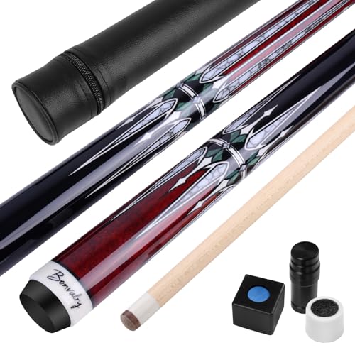 Bonvalry Pool Cue Kit - Stained Maple 58 Inch Pool Stick with Hard Case and Accessories for Billiards Enthusiasts (21oz, Red)