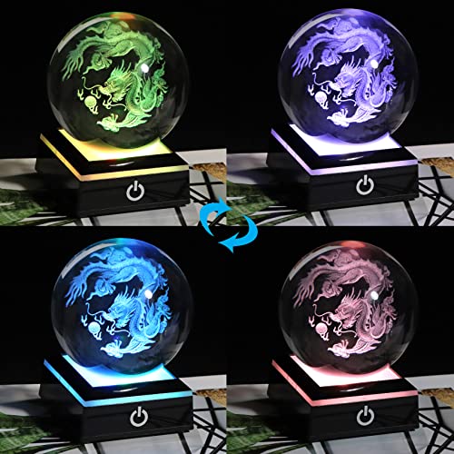 Movdyka 3.15 in. Crystal Dragon Ornament Ball Glass Engraved 3D Chinese Grangon Loong Ball Ornaments Paperweights with Colorful LED Night light Base (8cm) - Image 2