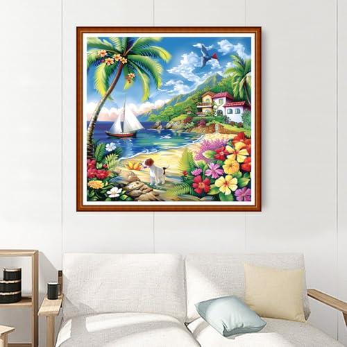 Image of Joyhoor Stamped Cross Stitch Kits for Beginners Needlepoint Kits for Adults Embroidery Kits 11CT Counted Cross Stitch Kits Printed Embroidery Pattern-Seaside Scenery 18x18 inchs