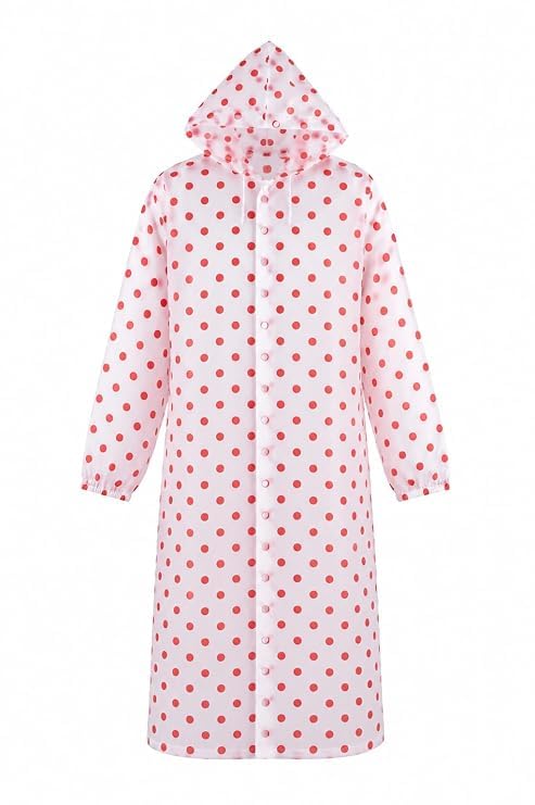 Hooded Raincoat for Women, White with Red Polka Dot Print, Long Waterproof Rain Jacket-image-37