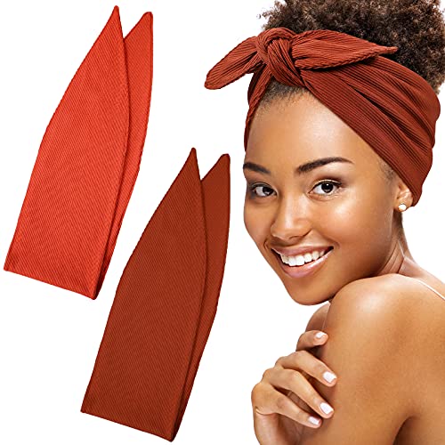 2 Pieces Headband Wrap Ribbed Headbands for Women Wide Ribbed Stretch Headband Bow Headband Solid Color African Headband Elastic Turban Running Headbands for Girl (Brown and Orange)