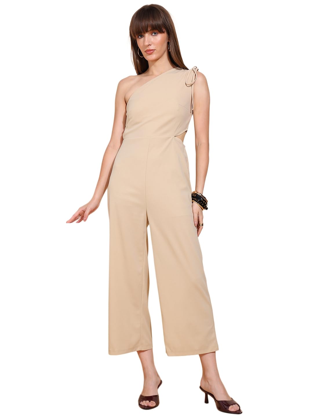 saffe Women Beige One-Shoulder Jumpsuit | Sleeveless | Cutout Waist Design | Full Length | Body Fitted | Polyester Spandex Party & Casual Wear Jumpsuit-picture-54