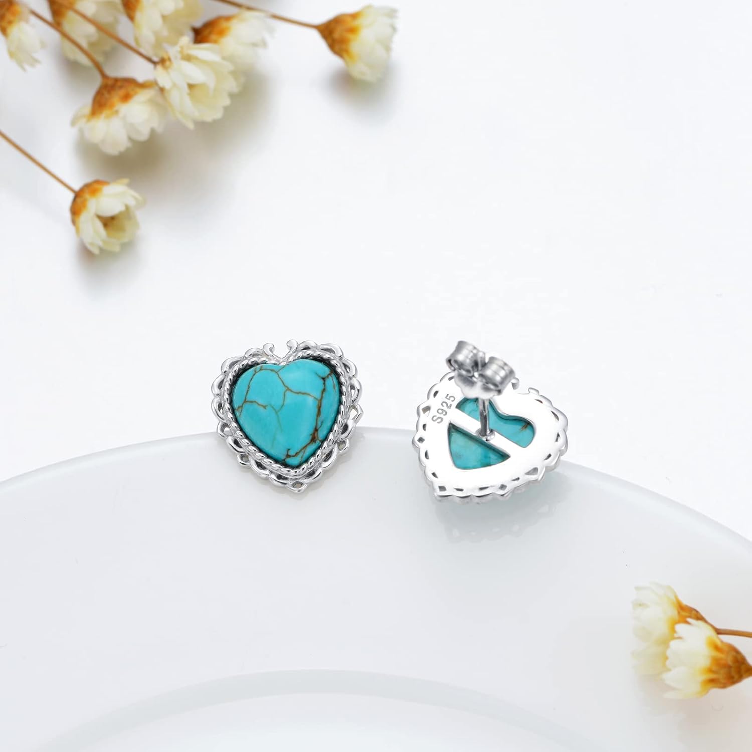 Real Turquoise Heart Necklace and Earrings 925 Sterling Silver Simple Western Jewelry Gift for Women - Image 3