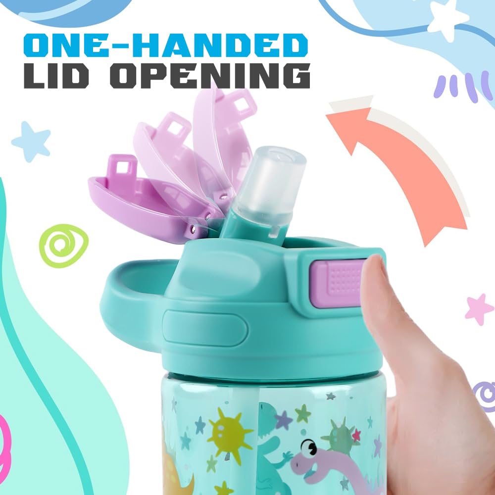 Gourde Enfant, 400ml, Robuste, Incassable, Anti Fuite, Sans BPA, Ouverture par Simple Pression, Facile à Nettoyer, avec Paille, Idéale pour l'École et l'Extérieur (Dinosaure) - 3