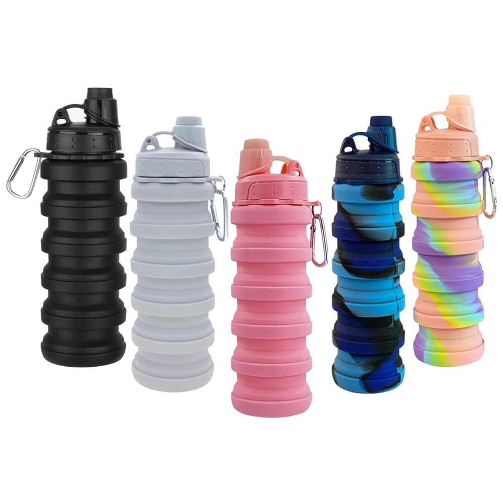 Dontinhu Collapsible Water Bottles 5 Pack Travel Sports Portable Water Bottle Reusable Water Bottles 500ml silicone Water-proof camping water bottle. (Colorful)
