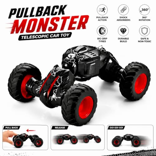Image of Pull Back Monster Telescopic Stunt Car Toy for Kids 3+ | 360 Flip & Roll Action | Double-Sided Friction Powered Off Road Monster Truck, Random Colour- Pack of 1 (Monster Telescopic Car)