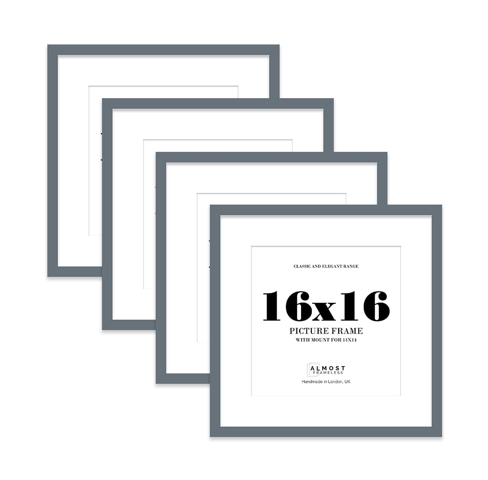 16x16 Grey Picture Frame with Mount for 14x14 Photos, Prints - Modern Square Wall Frame, Set of 4