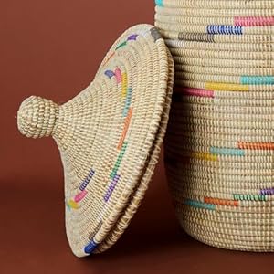 Largehandwovenstoragebaskethoodedlidbeigecolorfulswirl Urban Country Home Decor Large handwoven storage basket hooded lid beige colorful swirl urban country home decor