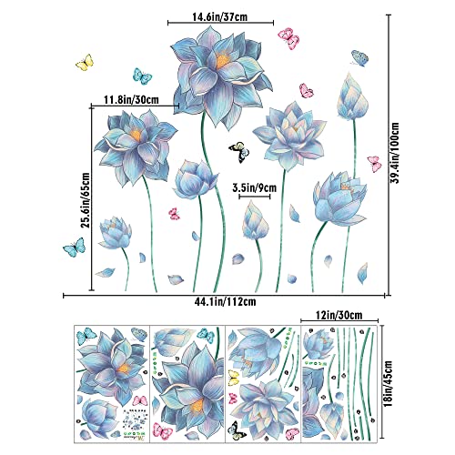 Buiory Removable 3D Beautiful Blue Lotus And Butterfly Wall Stickers Murals Warm Flowers Wall Decals Peel And Stick Floral Wall Art Decor For Kids Girls Bedroom Living Room Bathroom Playroom Decoration #TOP1