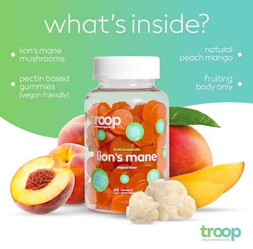 Troop Mushroom Lion's Mane Gummies, Supplement for Focus & Mood, Cognitive, Immune & Memory Support - Brain Boost, Natural Peach Mango Flavored Nootropic with Fruit Body Gummy - Vegan, 60 Count - Image 5
