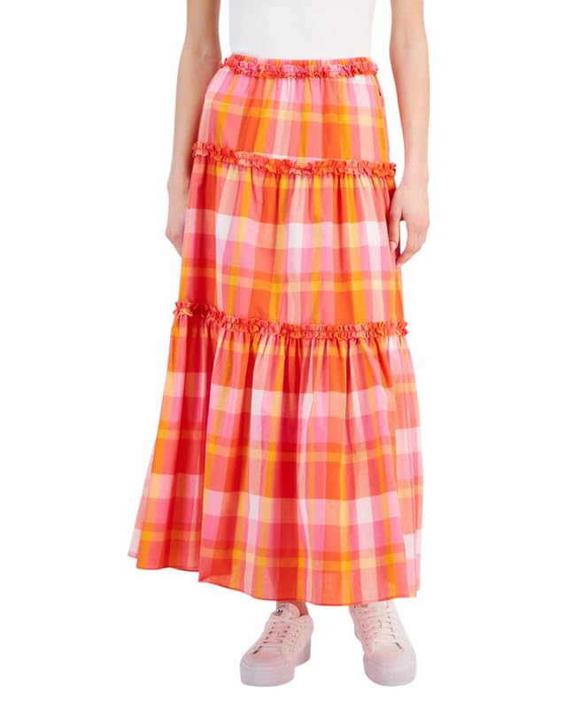 Nautica Jeans Women's Cotton Plaid-Print Ruffle-Trim Maxi Skirt (Sangria Sunset Multi, Medium)