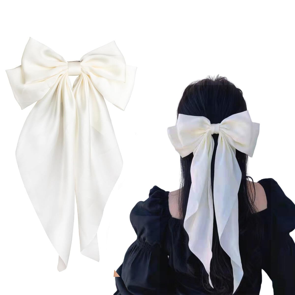 Big Bow Hair Clips,French Long Tail Bows Hair Barrette for Women Girl,Satin Large Bow Hair Barrette Kawaii Bowknot Hairpins,Hairclip Hair Decor Wedding Hair Accessories for Thick Thin Hair-White