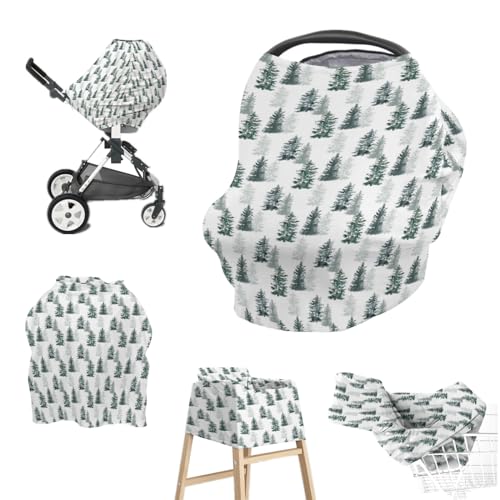 Image of EyMzcod Baby Boy Girl 5-in-1 Car Seat Cover Pine Tree, Watercolor Forest Multi-use Privacy Nursing Breastfeeding Cover, Carseat Canopy Carrier Newborn Infant Gift