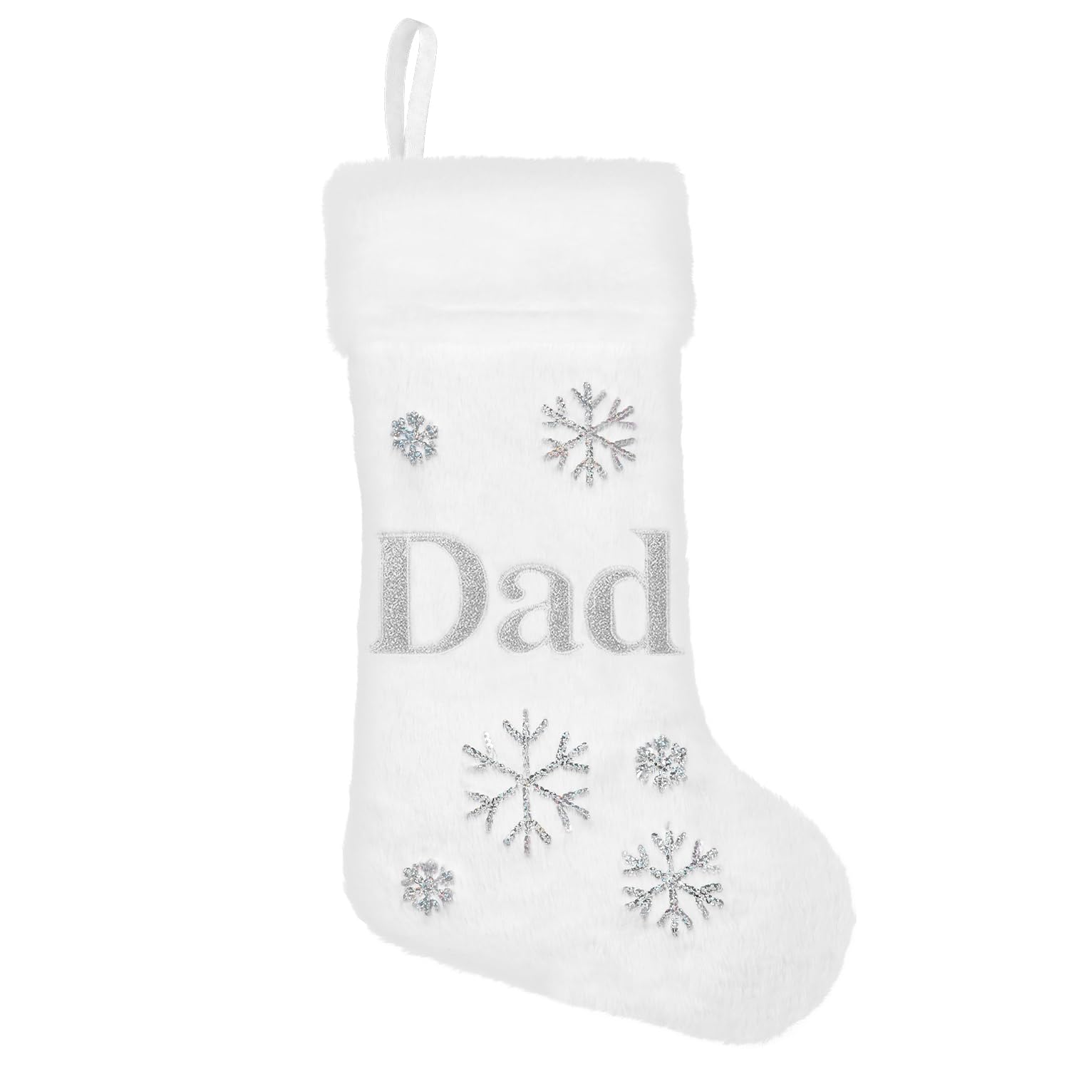 VEYLIN Monogram Christmas Stocking, White Plush with Silver Glitter Letters and Snowflakes, Personalised Xmas Decoration, 48cm
