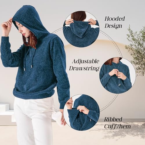 Simple&Opulence Women's Chenille Sweater Drawstring Hooded Long Sleeve Pullover Ribbed Cuff Hem Jumper Tops3