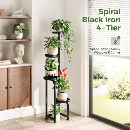 Image of Snazzy Tall Plant Stand Indoor Outdoor, Corner Metal Flower Pot Stands for Multiple Plants, 4 Tier Heavy Duty Plant Shelf for Patio Garden Balcony Living Room Bedroom