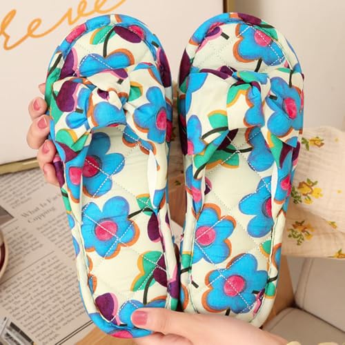 Bow-Knot Floral Cotton Slippers for Women, Open Toe Indoor Slide Comfortable Washable Absorb Sweat Cloth Bottom Stitching Home Shoes2