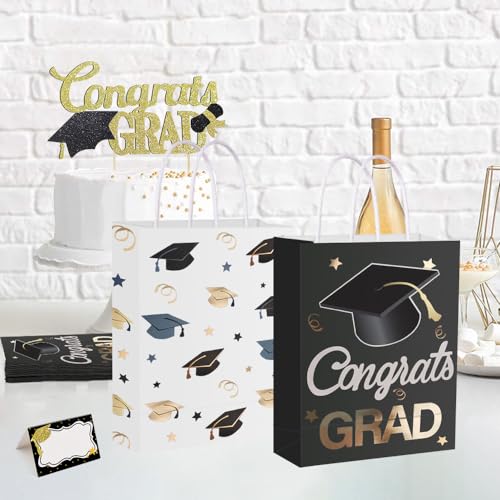 Image of 12 Pieces Graduate Gift Bags, Graduation Party Decorations (Black Gold) | Graduation Party Favor Gifts Wrapping Bags for Graduation Season Theme Party Supplies
