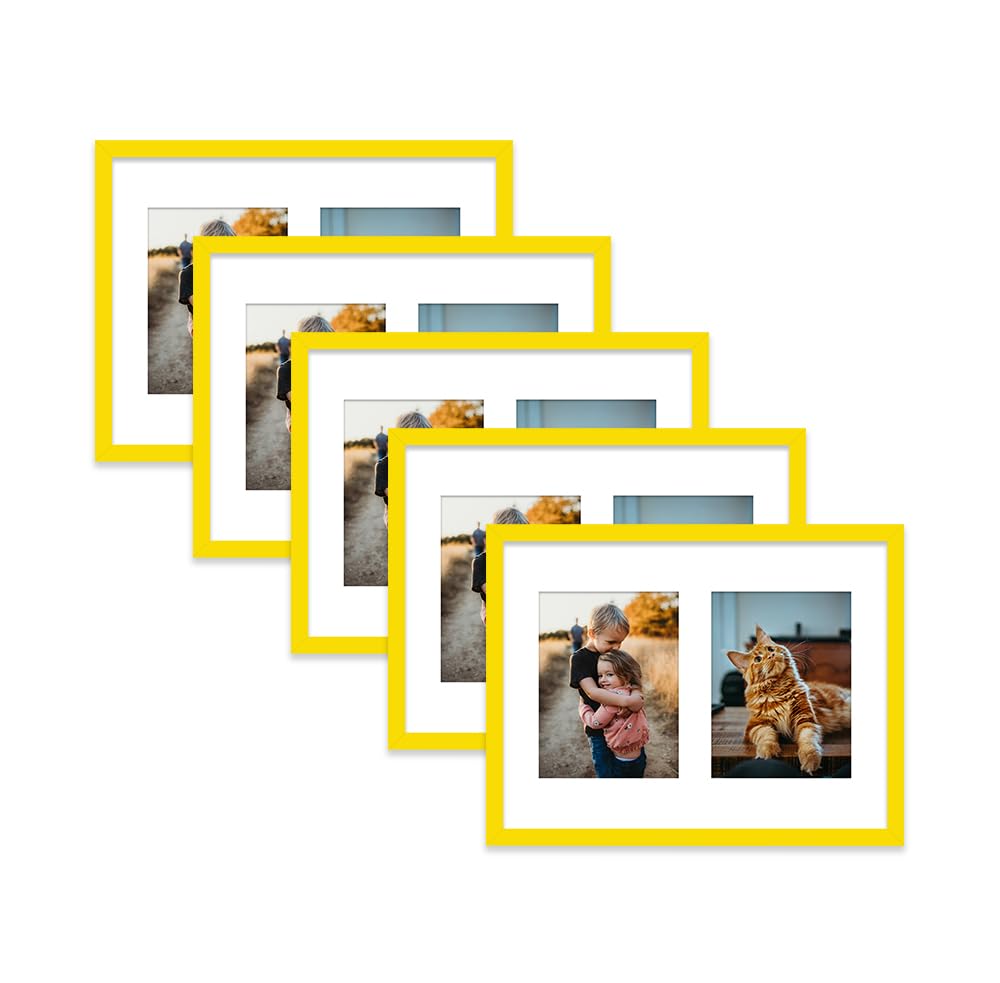 Yellow Multi Photo Frame - Holds 2 x 8x6 Pictures, Family Collage Picture Frame for Wall Display, 16x12 Frame size, Set of 5