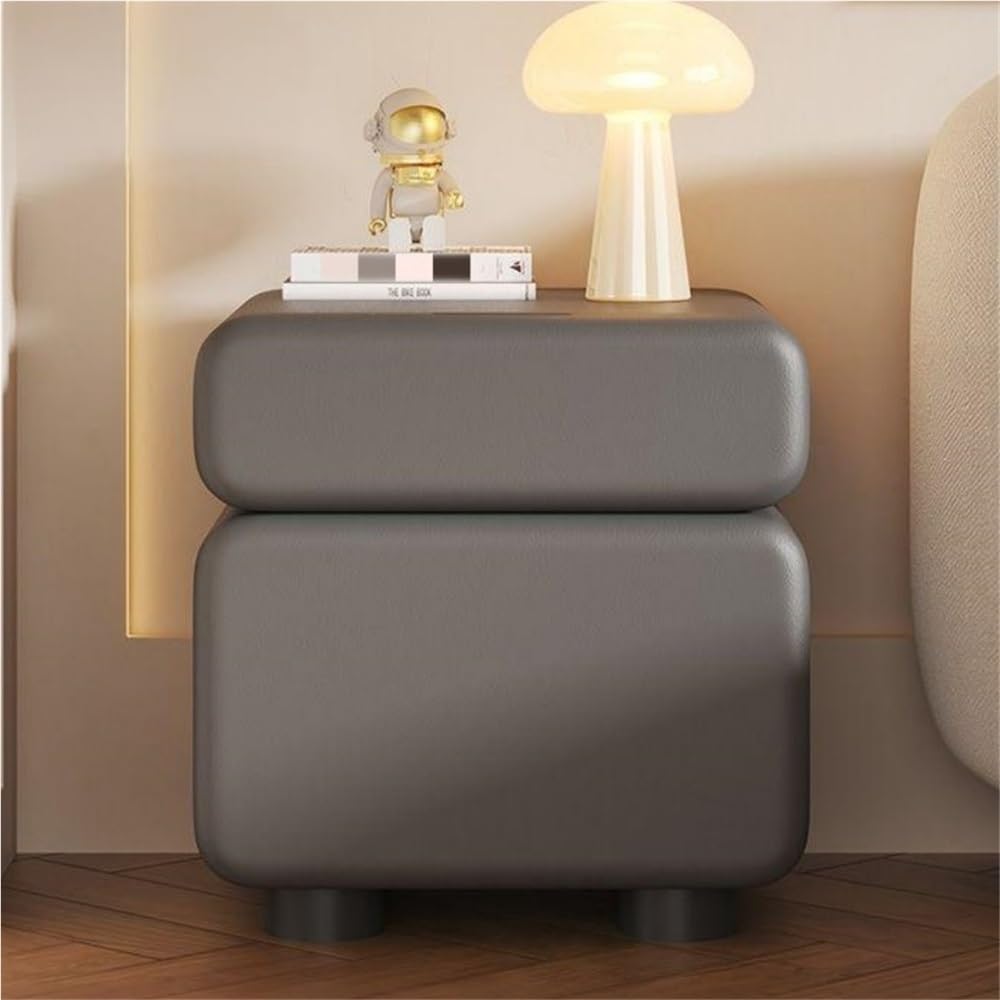 Wood Bedside Table with Two Drawers, Leather Wrapped Hidden Pull Design, Modern Storage Side Cabinet for Bedroom and Living Room Spaces(Gray,40cm/15.7in)