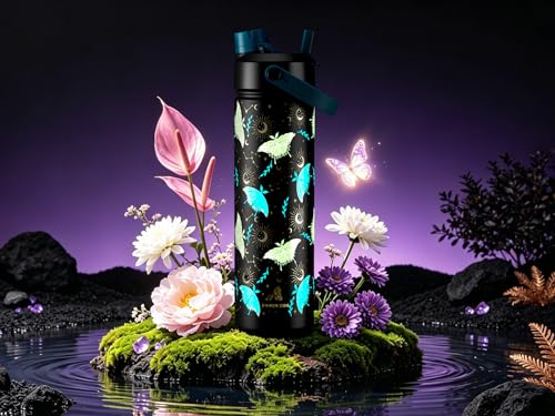 Image of POWCAN 26 oz Insulated Water Bottle: Straw and Spout Lid, Glow-in-the-Dark | Leak-proof, Keep Cold 24H, Cupholder Friendly, BPA-Free, Stainless Steel Water Bottle for Gift, Hiking, Trip (Gilded Flutter)