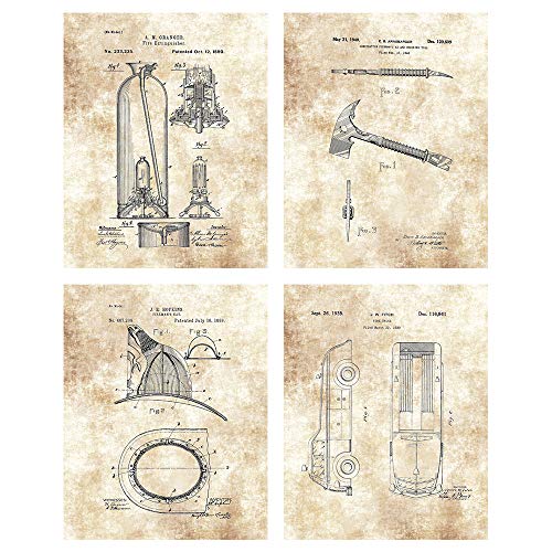 Fireman Truck, Hatchet, Fireman's Hat, Fire Extinguisher Artwork - Set of 4 8 x 10 Unframed Patent Prints - Great Gift for Firefighters and First Responders
