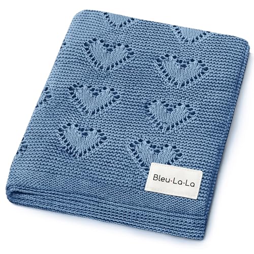 Image of Heirloom Knit Heart Receiving Unisex Blanket for Boys - 100% Luxury Cotton Baby Blanket - Soft Warm Swaddle Crib Receiving Blanket for Newborns Infants & Toddlers (Denim Blue)