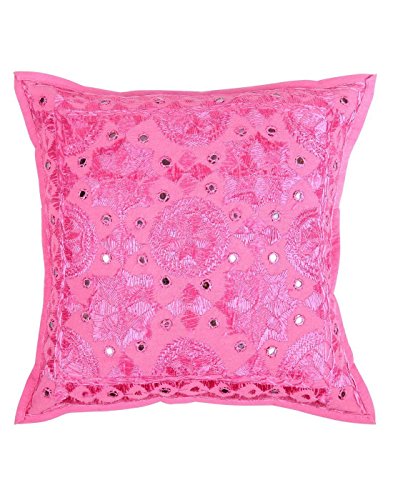 NANDNANDINI Housse de coussin brodée avec miroir indien bohème rose 40,6 cm