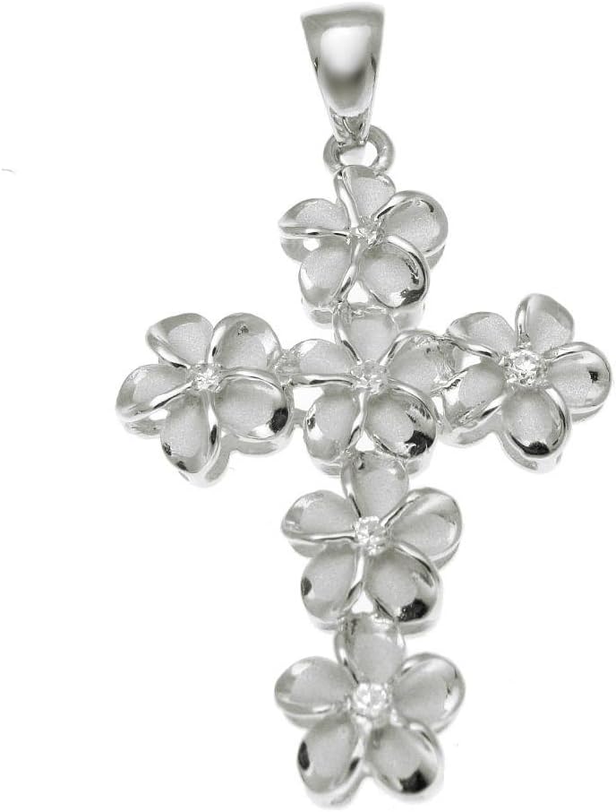 Arthur's Jewelry 925 sterling silver rhodium plated Hawaiian plumeria flower cross cz pendant