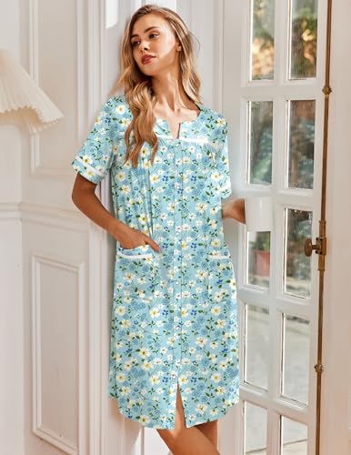 Image of Ekouaer Nightgowns for Women House Dress with Pockets Snap Front House Coat Short Sleeve Duster Moo Moos Sleepwear S-3XL