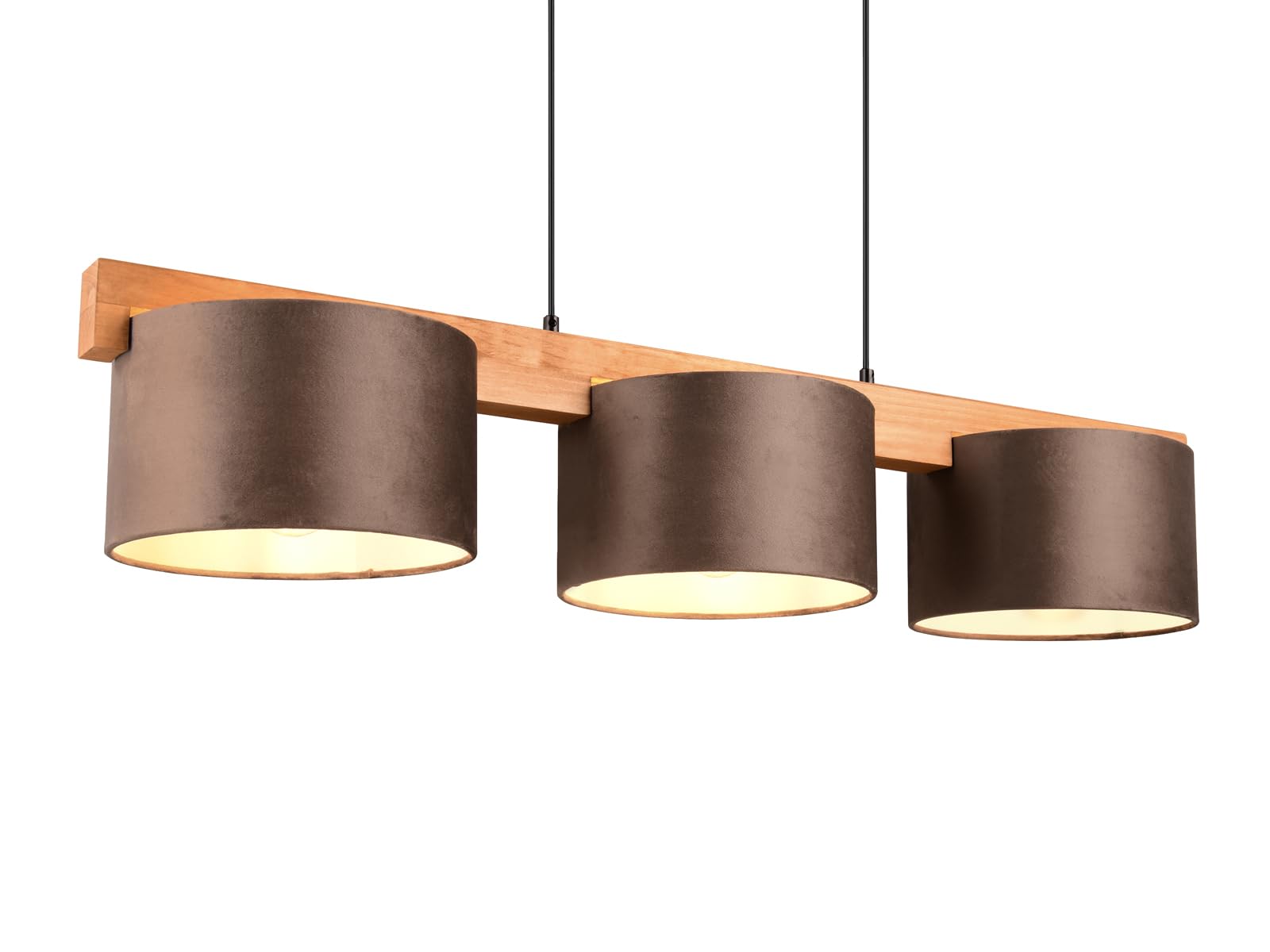 meineWunschleuchte Holzbalken Pendelleuchte 3 flammig mit Samt Lampenschirmen in Braun, Breite 100cm